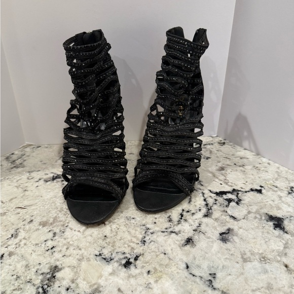 bebe Shoes - Bebe open toe stiletto webbed spiked chip heels